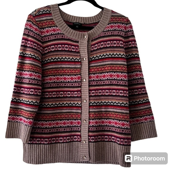 Talbots Wool Blend Fair Isle Cardigan in Red Green and Tan size Small - Picture 1 of 14